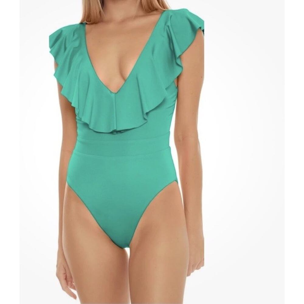 TRINA TURK Monaco Ruffle One Piece Swimsuit Size 12 Emerald Green Low Cut